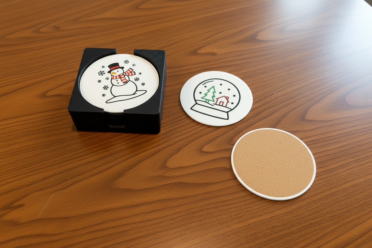 Coaster holder and coasters with cork backing visible