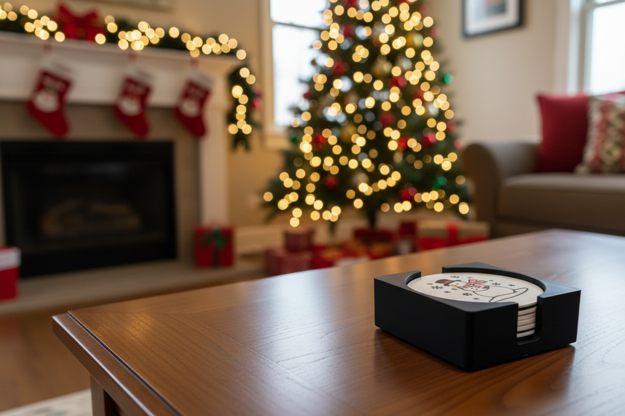 Coaster holder in Christmas-decorated living room